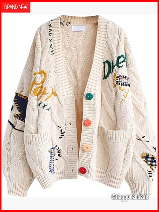 Sweaters - Cable Knit Open Front Cardigan with Embroidery V-Neck Button Down